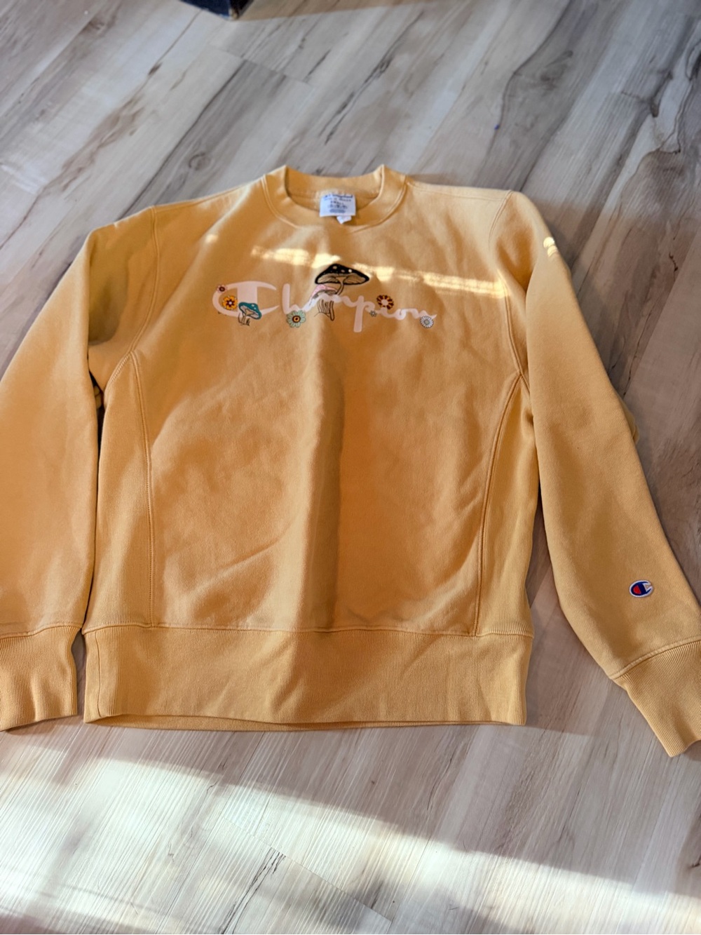 Champion Mustard Yellow Crewneck Sweatshirt with Embroidered Graphic